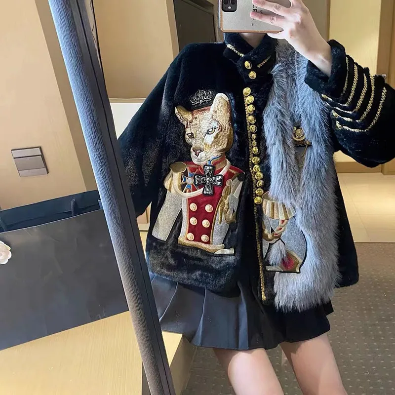 

Women Faux Mink Fur Jacket Fashion Chain Patchwork Coat Tops Winter New Thickened Long Sleeve Cartoon Embroidery Outerwear Q748