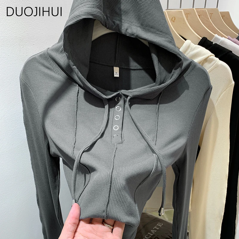 

DUOJIHUI классические Базовые Женские футболки с капюшоном с длинным рукавом осенние американские Chicly модные простые женские футболки на пуговицах