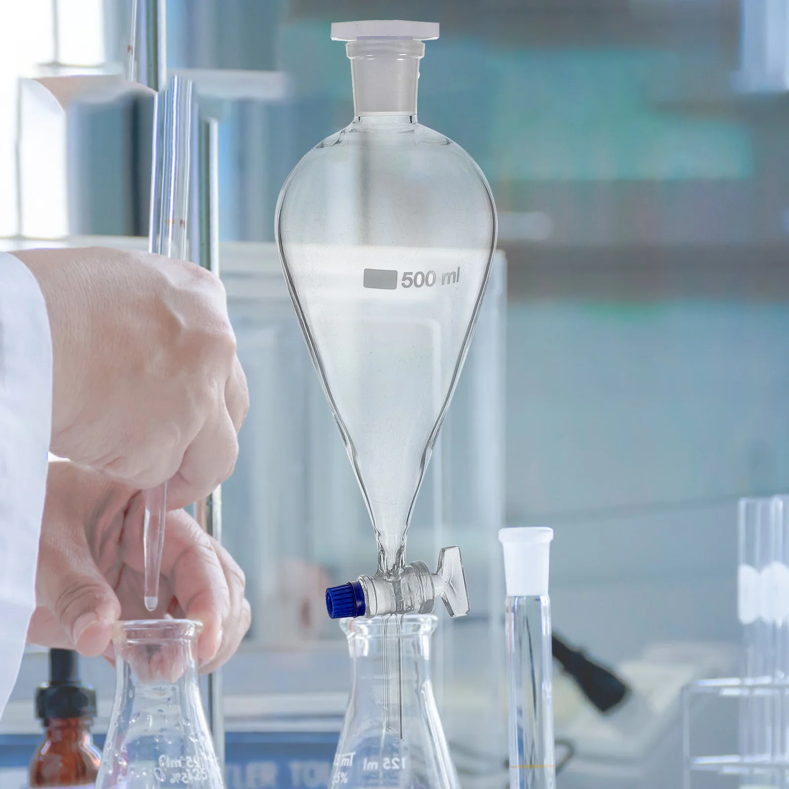 Glass Separatory Funnel 500Ml Thickened Glass Pear Shaped Separating Funnel Laboratory Equipment Stopcock Chemistry Tools Transparent Dropper