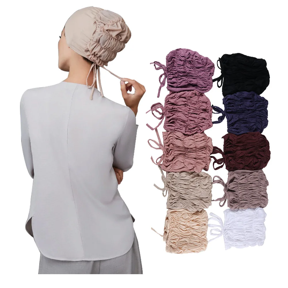 Turban Caps Tie Strap Lining Satin Silk Fashion Muslim Women Hijab Underscarf Caps Soft Cotton Head Wrap Islamic Arab Headscarf
