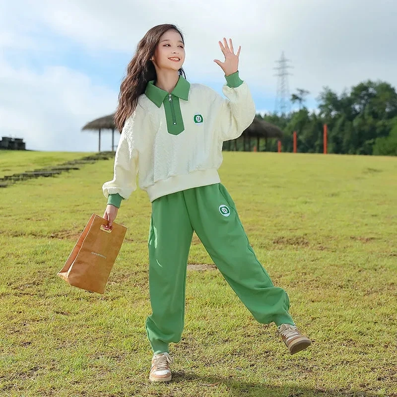 

Spring&Autumn Cotton Girls Motion Suit 2023 Korean Version New Printing Color Block Girl Leisure Time 2-Piece Set