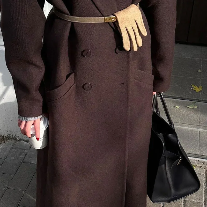 Elegant Lapel Pocket Woolen Long Trench Coat Women Fashion Full Sleeve Loose Overcoat Autumn Winter Lady Commute Outwear