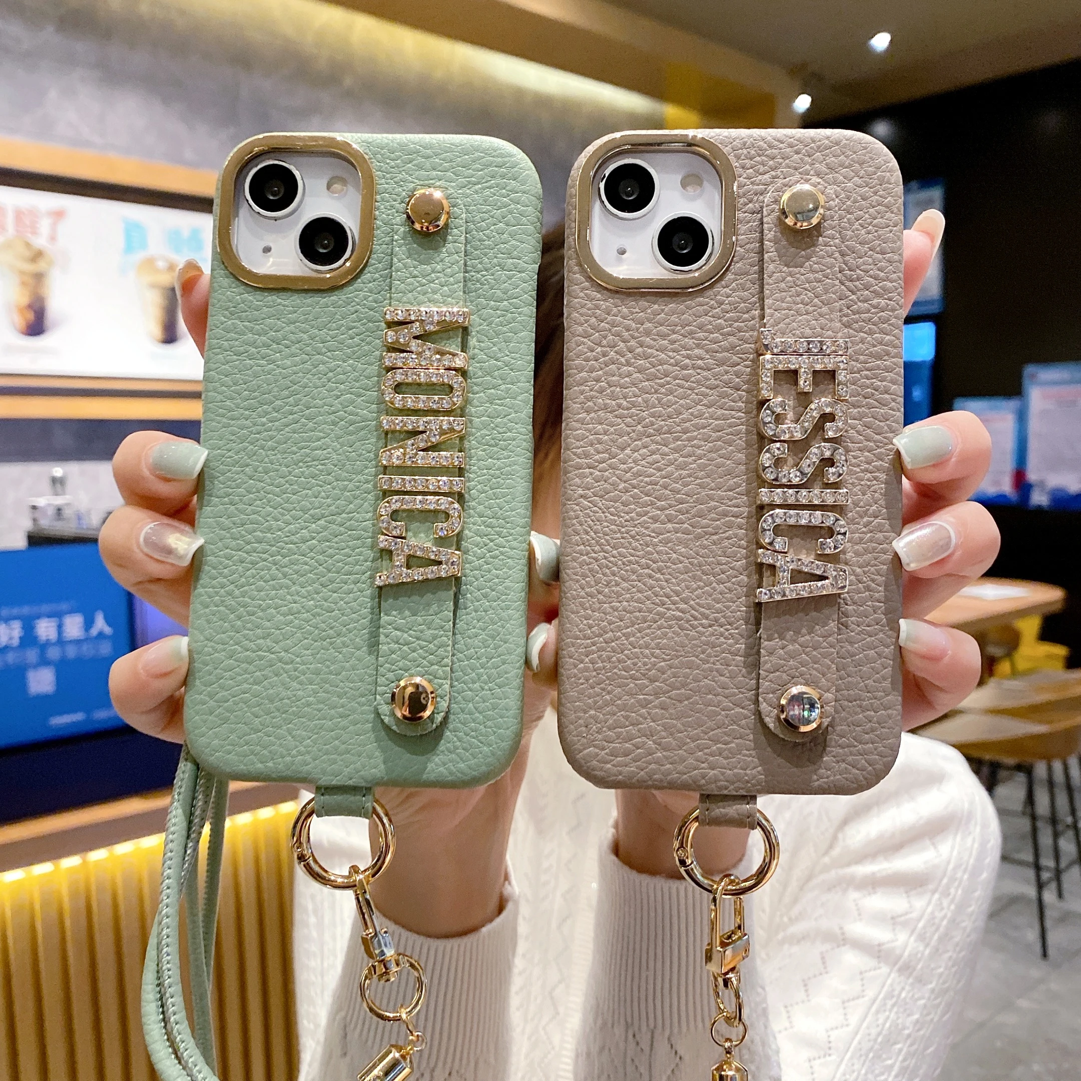 Luxury Rhomb Leather Custom Name Metal Letters Lanyard Phone Case For  iPhone12 13 14 15 Pro Max Phone Holder Personalized Cover