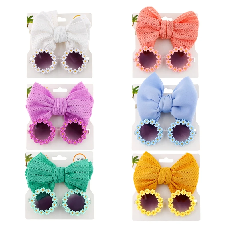 

Baby Flower Shaped Sunglasses Colorful Sunnies Glasses and Baby Bows Headbands Set Cute Outdoor Photo Prop for Toddler N1HB