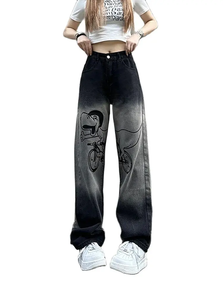 

American Fashion Design Graffiti Jeans Women Autumn and Winter High Street Retro Loose Straight Black Pants Floor Mopping Pants