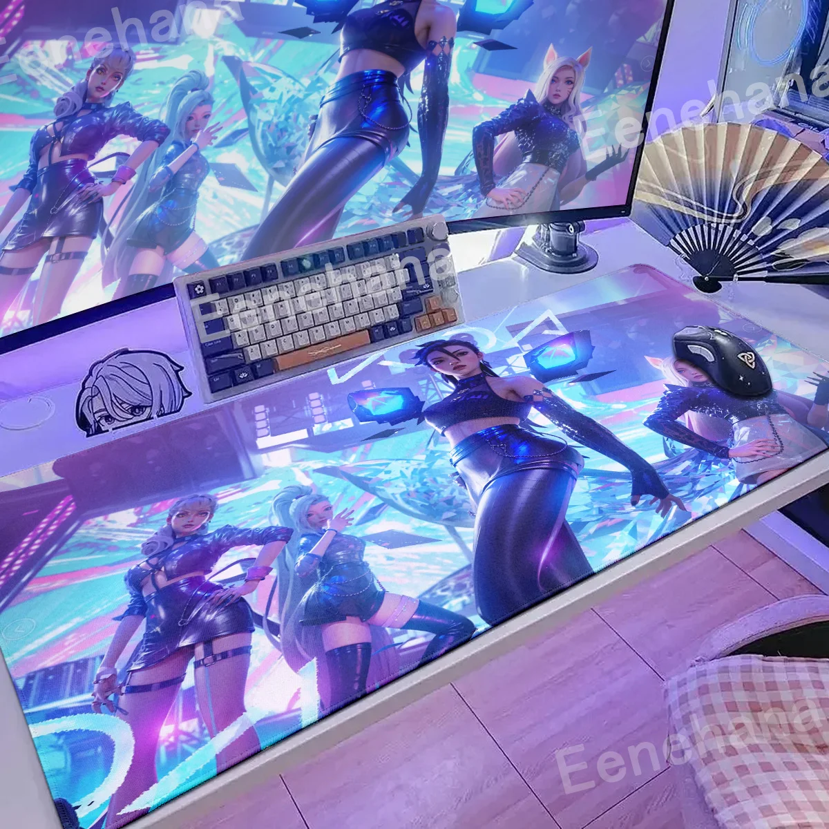 Große PC-Gaming Kda Locking Edge Tastatur Desktop-Matte Lol Mause Pad Anime Computer Gummi Frauen Team Event Desktop-Matte für Laptop