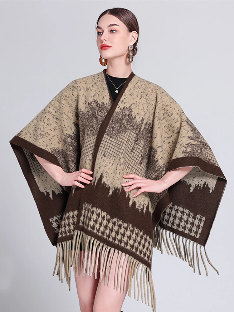 

Autumn Winter Vintage Scarf Women Ladies Layers Ponchos Warm Femme Houndstooth Scarve Capa Para Mujer Pashmina Cloak Wrap Shawl