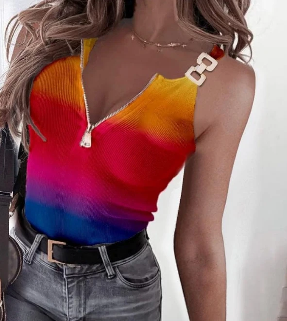 

Fashionable Summer New Gradient Camisole Top Sexy V-Neck Zipper Printed Camisole Vest Casual and Elegant Vest for Women
