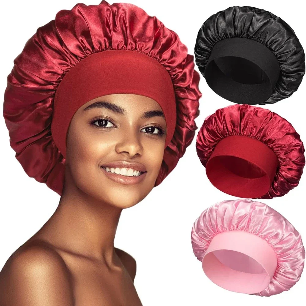 New Women's Satin Solid Wide-brimmed Sleeping Hat Unisex Head Wrap Elastic Band Cap Hair Care Bonnet Night Hat Bonnet De Nuit