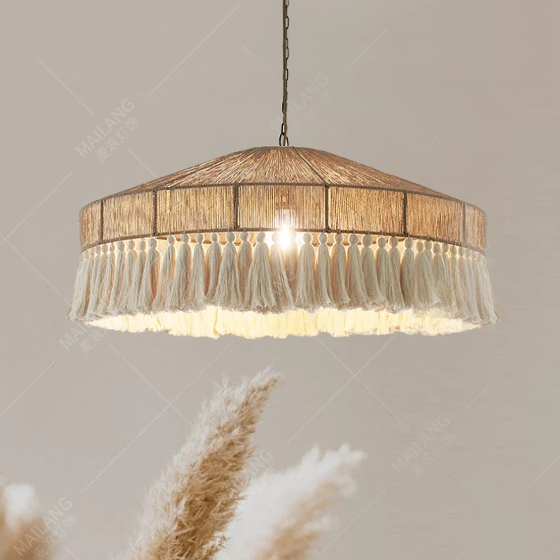 

Bohemian Retro Pendant Lights Hemp Rope Tassel Chandelier Bedroom Main Light Restaurant Light Surprised Silent Wind Lighting