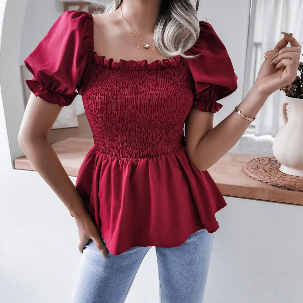 

Sweet Women Summer Solid Color Blouse Shrinkage Design Square Collar Short Sleeve Slim Pullovers Jacquard Top