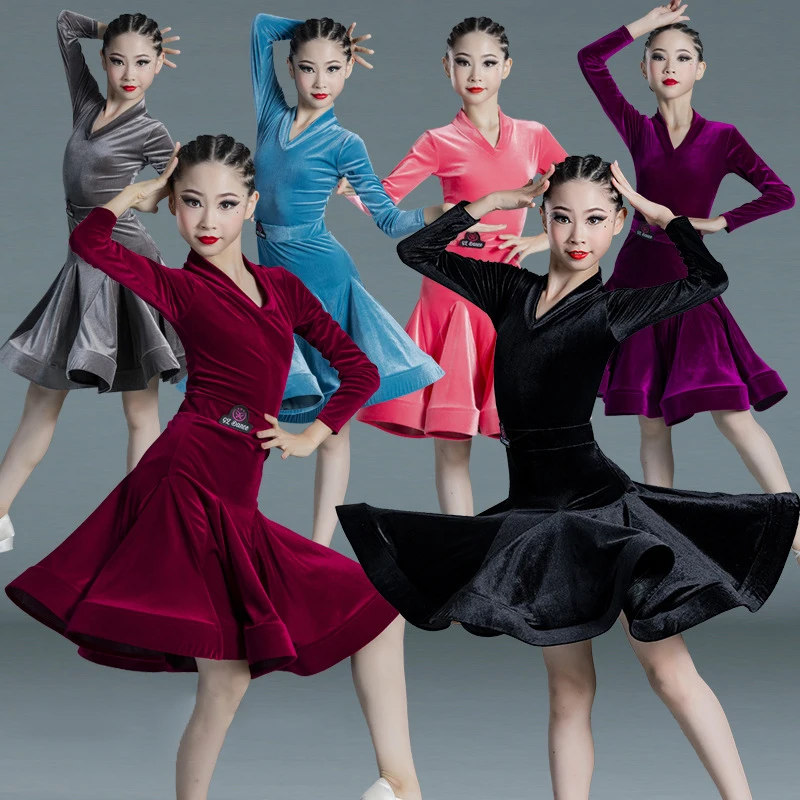 Children's Latin Dance Costume for Professional Competition Girls' Large Swing Dress with Fishbones Latin Training Performance