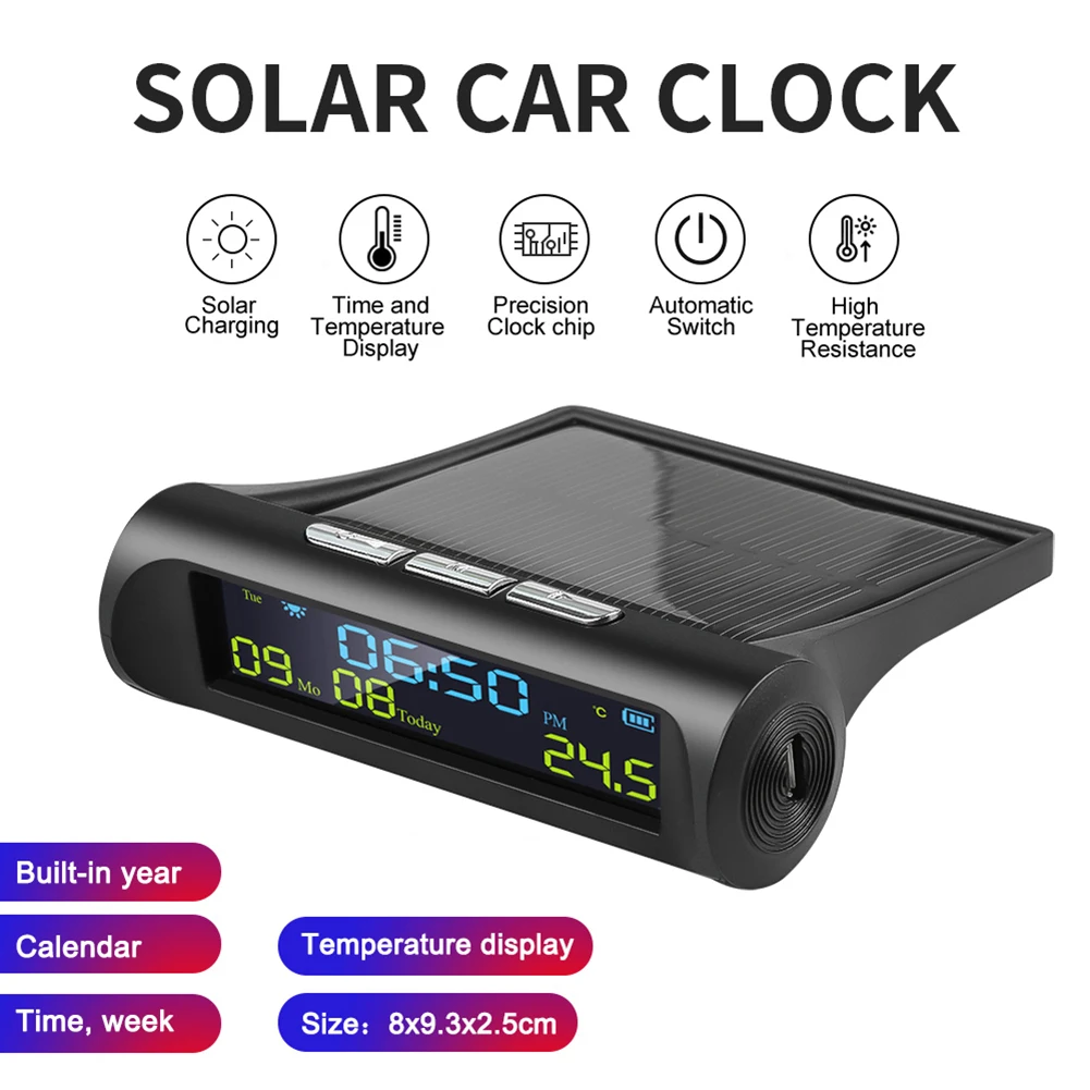 AN01 Solar Car Digital Clock With Date In Car Temperature Display Black