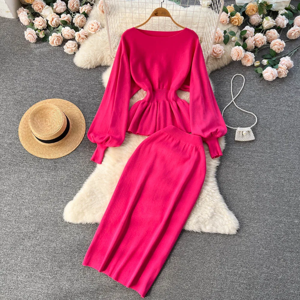 

Autumn and Winter French Celebrity Style Design Sense Ruffle Lantern Sleeve Top + Hip Half-body Skirt Two-piece Set