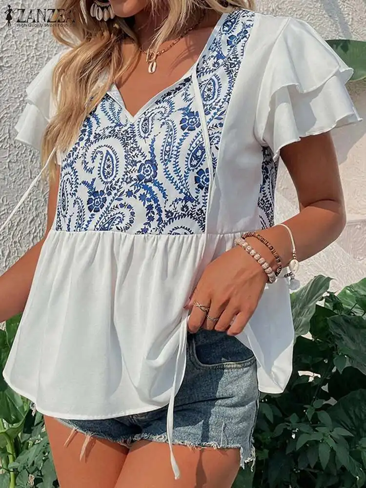 

ZANZEA Ruffles Sleeve Vintage Peplum Top Holiday Round Neck Blouses Lace Up Women Blusas Summer Paisley Print Fashion Smock Tops