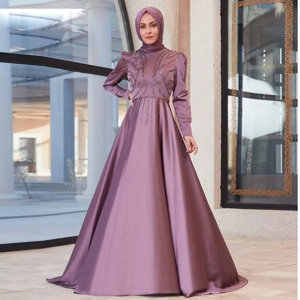 

Women Abaya Dubai Luxury Turkey Evening Dress Crystal Long Sleeve Satin A-Line Draped Back Zipper Formal Occasion Dresses