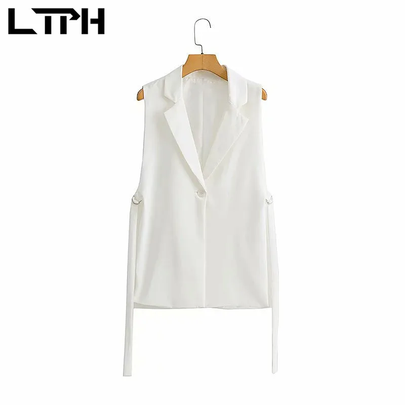 LTPH streetwear casual women blazer vest solid single button sleeveless cardigan outwear Lace-up split suit coat 2021 autumn new