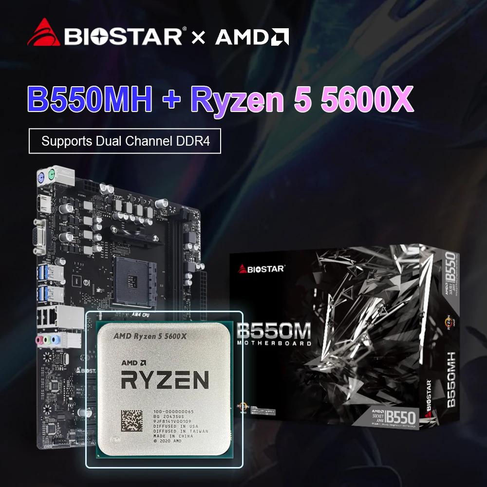 Biostar Nuova Scheda Madre Da Gioco B550Mh Amd B550M + Amd Ryzen 5 5600X R5 5600X Processore Cpu M.2 Nvme Sata3 Am4 Socket Placa Mae