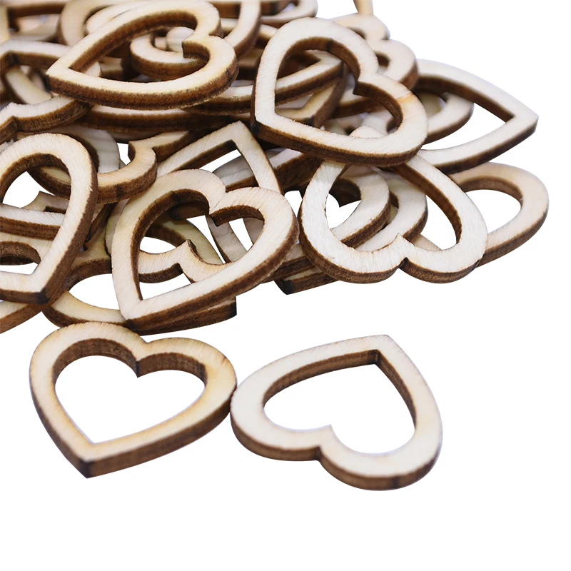 100pcs 15/20/25/30mm Hollow Heart Shape Wood For Scrapbooking Handmade DIY Carfts WoodenEmbellishment Home Decor Ornament
