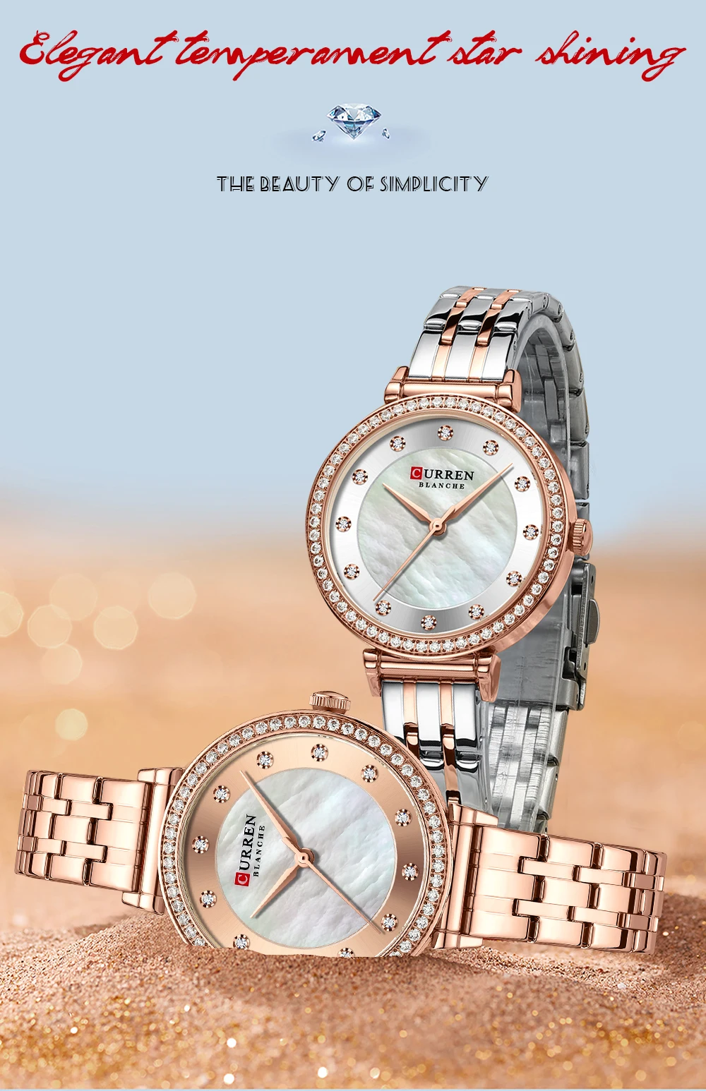 CURREN Luxury Slim Women's Watch Two Tone Stainless Steel Band Mother of Pearl Dial with Rhinestones Elegant Quartz Wristwatch