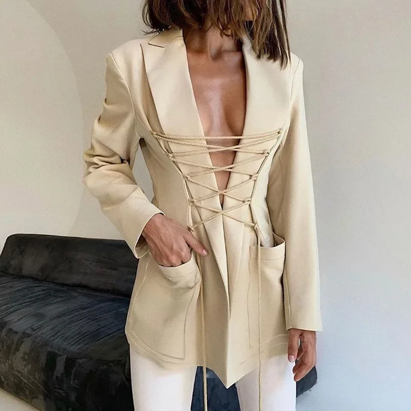 Women's 2021 Autumn New Street Style Pure Color Slim Long-sleeved Tie Mid-length Casual Fashion Temperament Small Suit Women