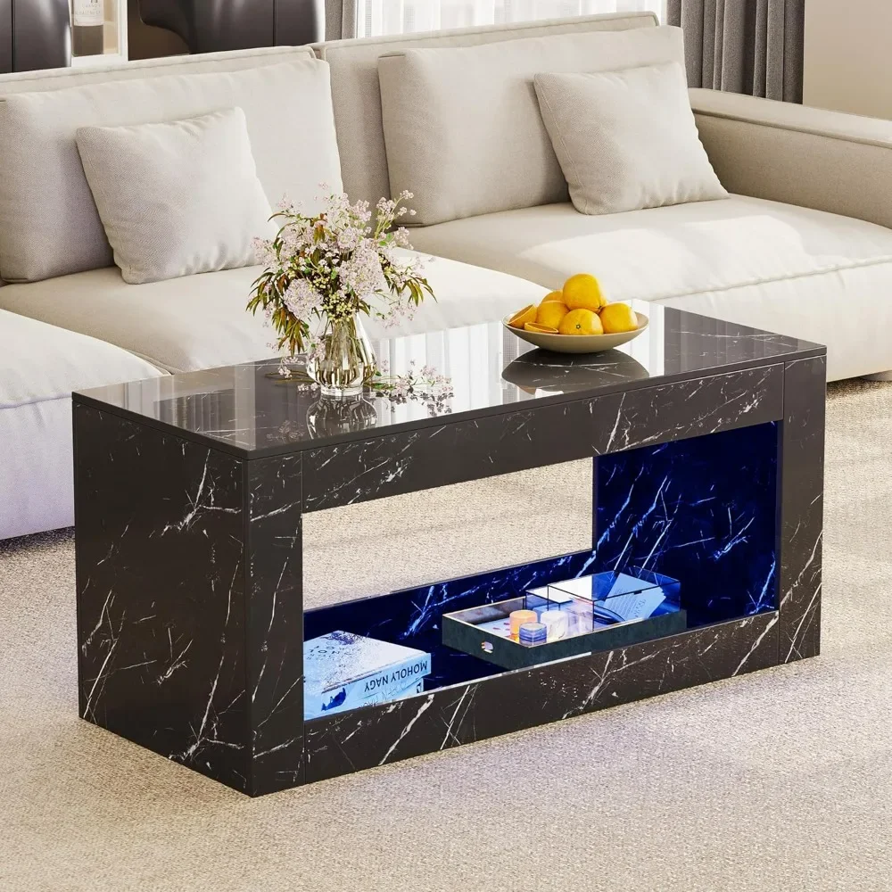 Coffee Tables, Modern High Gloss Marble Print Center Table with Open Storage and LED Lights for Living Room, Coffee Tables