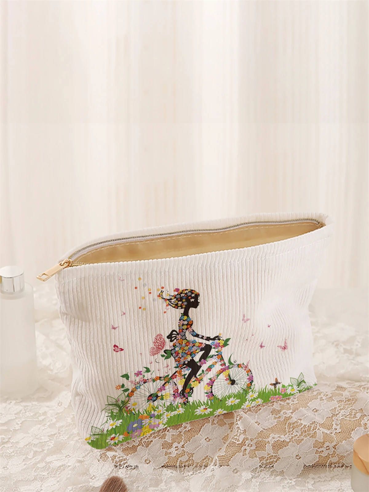 Bicycle pattern printed corduroy makeup bag, lightweight zipper makeup storage box, multifunctional bag with lining