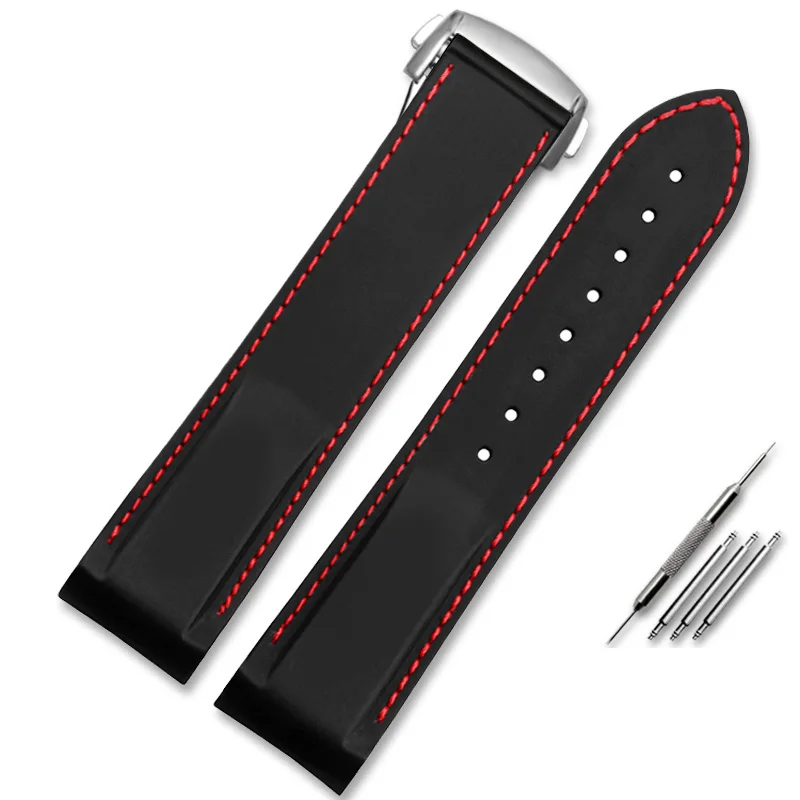 Premium Curved End Rubber Silicone Watch Strap in Blue, Black, and Orange (20mm, 22mm)