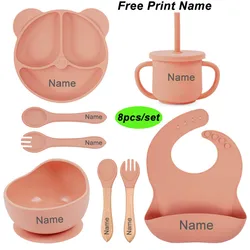 8Pcs Baby Feeding Set Silicone Sucker Bowl Plate Kid Bear Dishes Personalized Name Children's Bowl Plate Cup Spoon Tableware Set