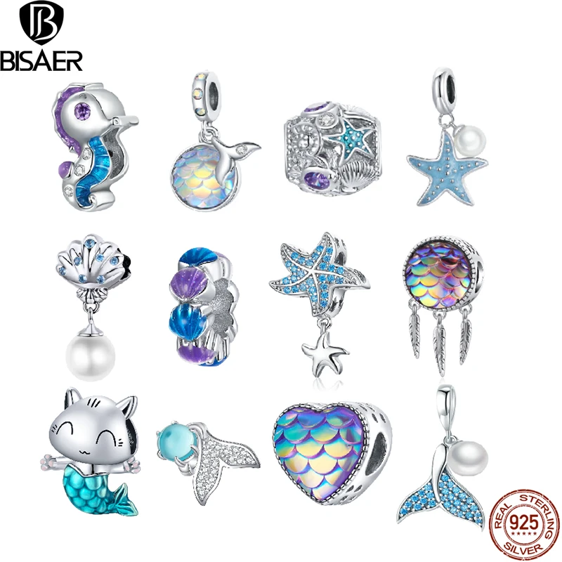 

BISAER Ocean Blue Charm 925 Sterling Silver Starfish Mermaid Beads Pearl Charms Fit Original Bracelet Pendants Jewelry ECC1985