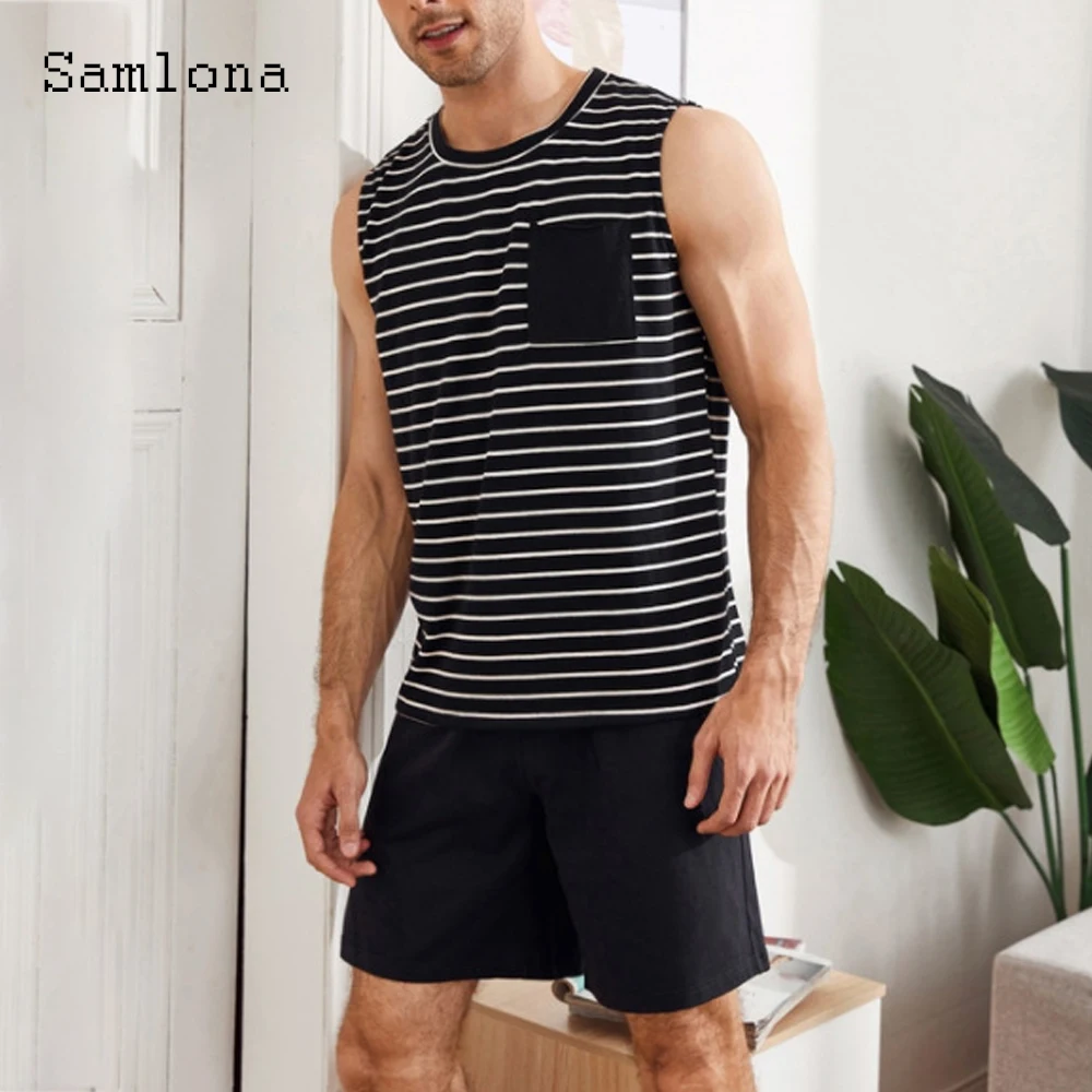 Sexy Mens Clothing 2022 Summer Model Stripes Men Set Latest Casual Sleeveless Vest and Shorts Set Men Fashion Two Pieces Outfit style 2023 summer new women s clothing sexy cutout skinny knit see through high waist casual one piece shorts for women