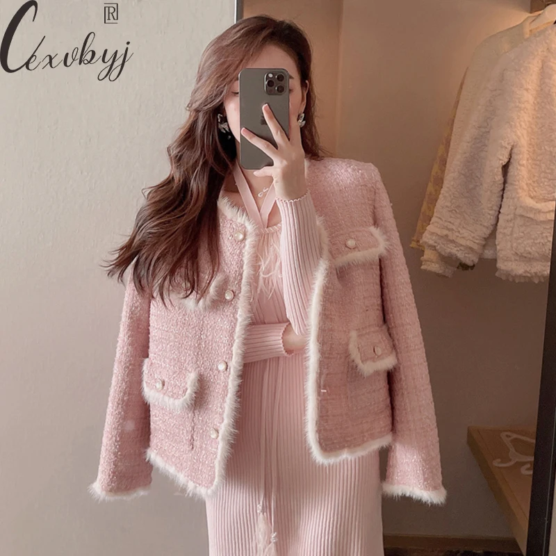 Korean Pink Tweed Jacket Women Sweet Round Neck Design Coat All-Match Fall Winter Long Sleeve Luxury Retro Coat Single Breasted