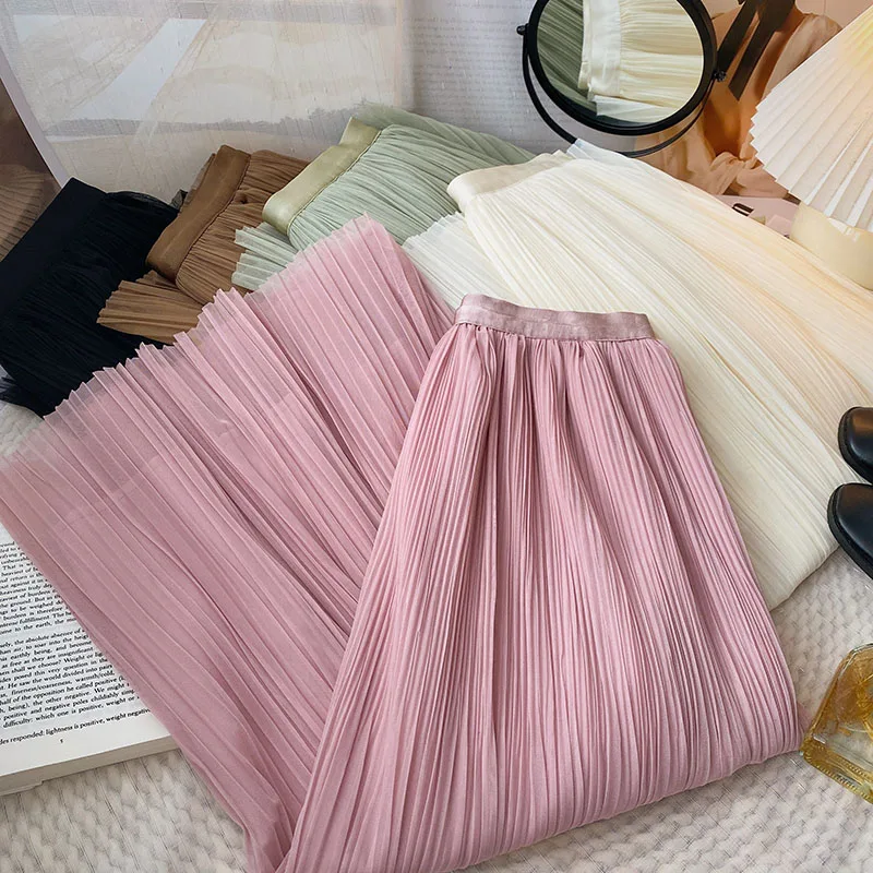 

Office Ladies Elegant A Line Y2K Aesthetic Korean Fashion Fresh Pleats Green French Harajuku High Waist Clothes Vintage Skirt