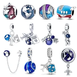 Fit Pandora 925 Original Bracelets 925 Silver Blue Astronaut Aircraft Travel Charms Beads Pendants For Women Fashion DIY Jewelry
