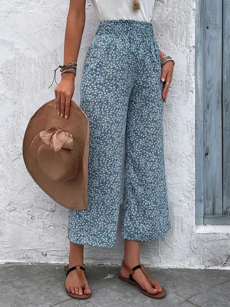 New Bohemian Loose Print Waist Cut Trousers Floral Casual Trousers for Women