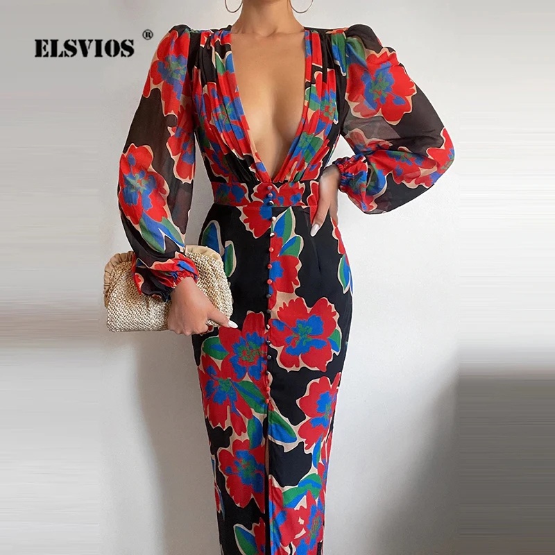 

Women Sexy Button V-Neck Slit Party Dress Lady Elegant Print Slim Maxi Dress Spring Summer Casual Long Sleeve High Waist Vestido