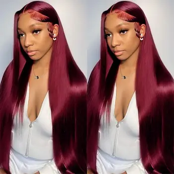 Burgundy Wig Human Hair 13x4 HD Transparent Lace Straight 99J Red Human Hair Wig Colored Lace Frontal Wigs 1
