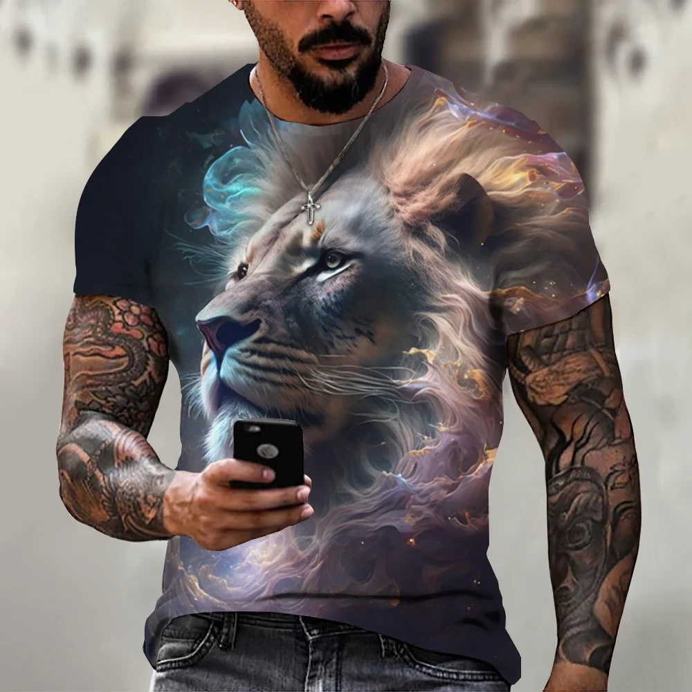 

2024 Summer Retro Hot T-shirt Animal Lion 3d Printed Men's Fashion Short Sleeve Fitness Quick Drying Comfortable Breathable Top