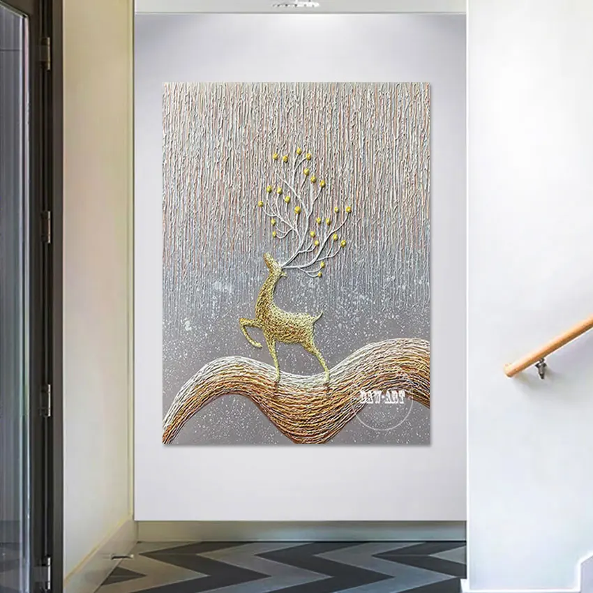 

Contemporary Abstract Animal Art Canvas Roll Unframed Golden Handmade Oil Paintings Deer Decorative Pictures For Living Room