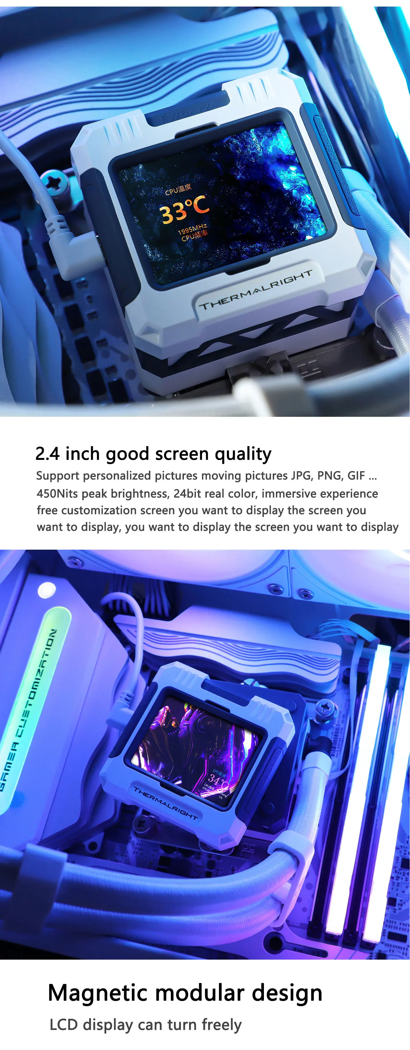 CPU Water cooling cooler 2.4" IPS LCD monitor Customizable themes For LGA1851/17
