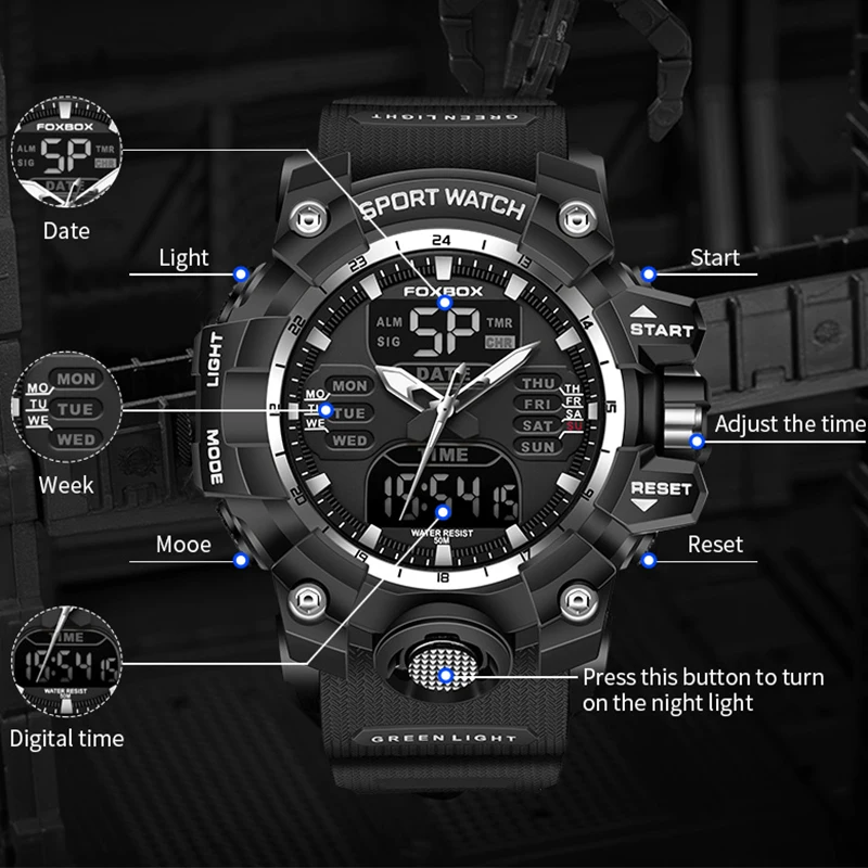 FOXBOX Watches For Men Top Brand Digital Chronograph Sports Quartz Wristwatch Waterproof Military Silicone Strap Luminous Clock