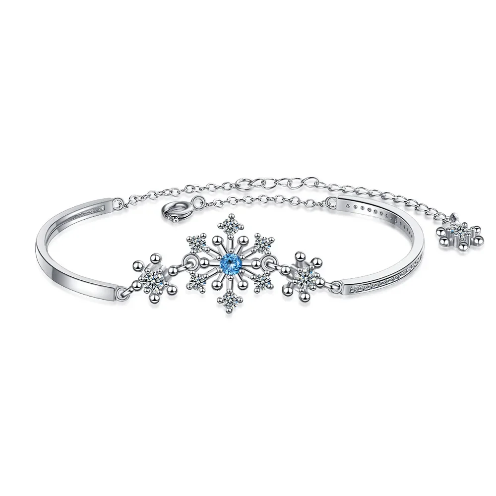 

925 Sterling Silver Cute Blue CZ Snowflake Bracelet Adjustable Chain Christmas Charm Bracelets Hand Jewelry Gift for Women Girls