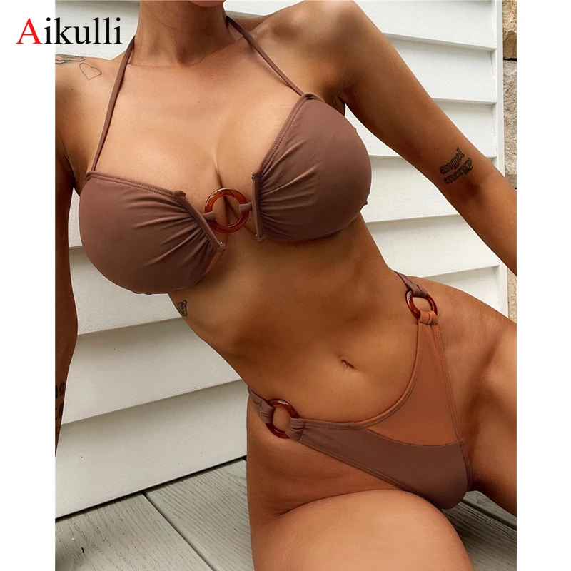 

Sexy Halter Ring Splicing Bikinis Swimsuits 2022 Mujer Swimwear Women Two Piece Bikini Set Push Up Bathing Suits Swimming Female