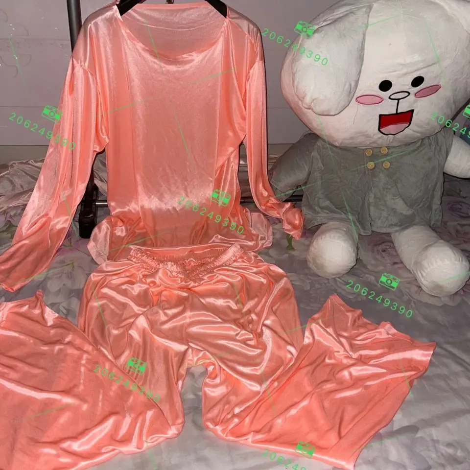 Autumn spring glossy satin pajamas 2 pieces set Long sleeve women silk loose sleeping plus size top pants