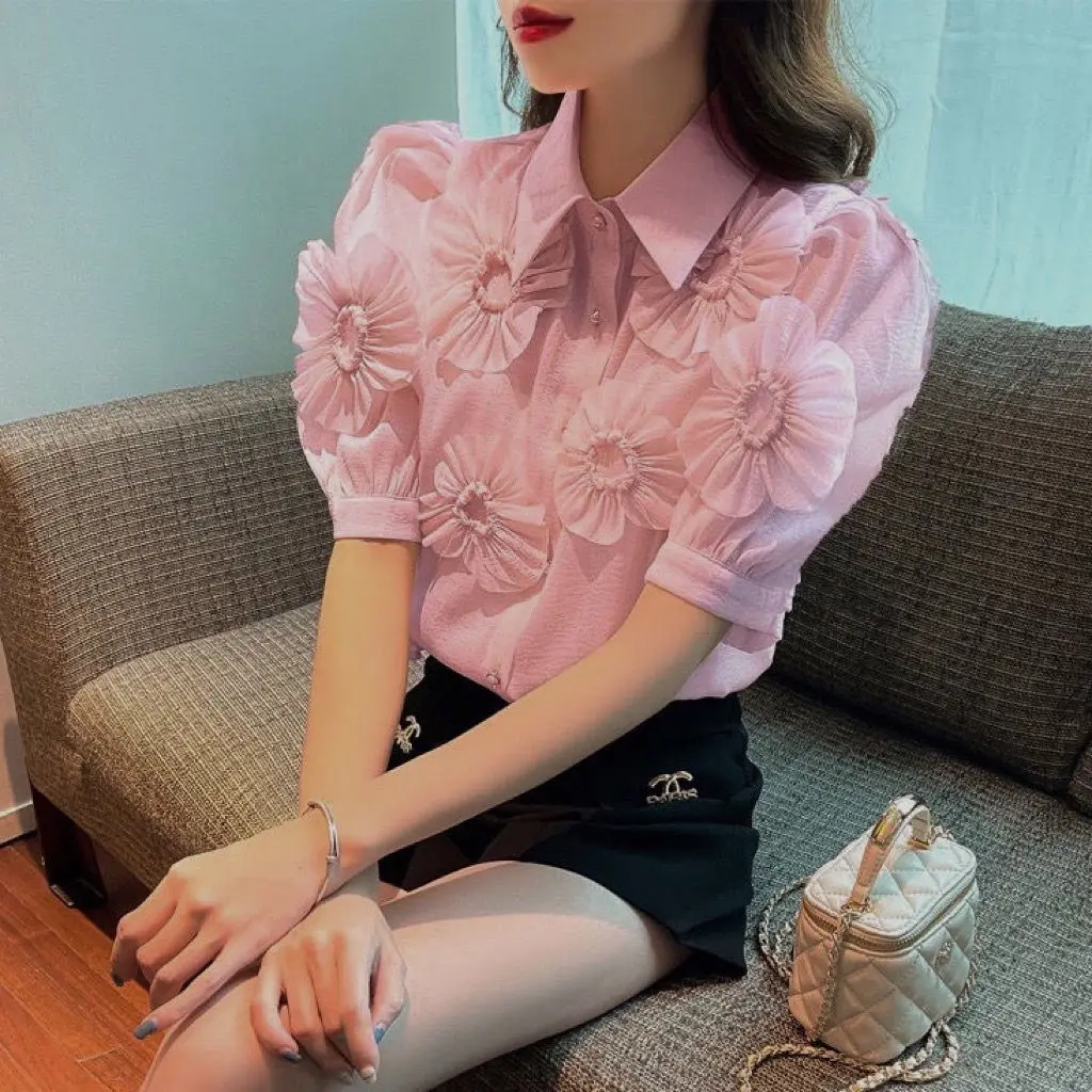 스위트 오피스 레이디 반팔 셔츠, 패치워크 밝은 라인 장식 상의, 2024 새로운 트렌드 단색 블라우스, 여름 패션