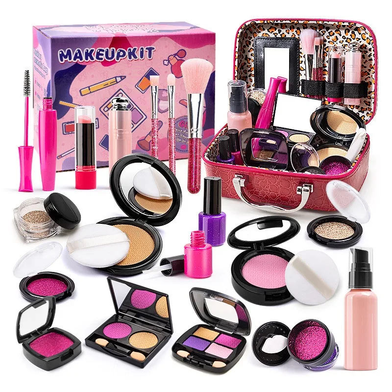 Children Cosmetic Bag Fake Makeup Box Simulation Nail Polish Lipstick Look Real Eyeshadow Play House Toys