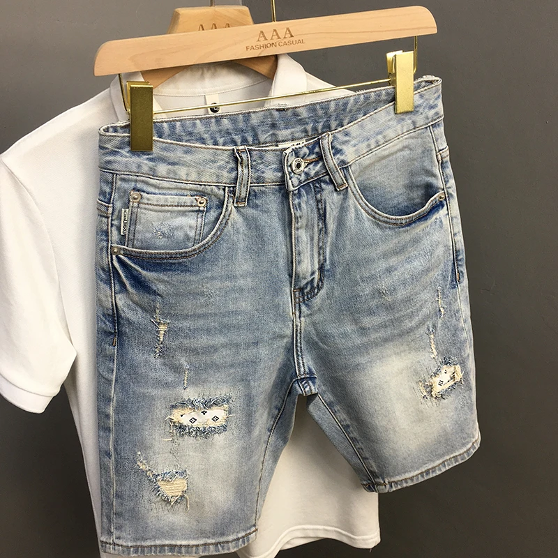 

Ripped Hole Patch Denim Shorts For Men Summer High Quality Embroidery Scratch Washed Half Jeans 24SS Y2k Youth Male Light Blue