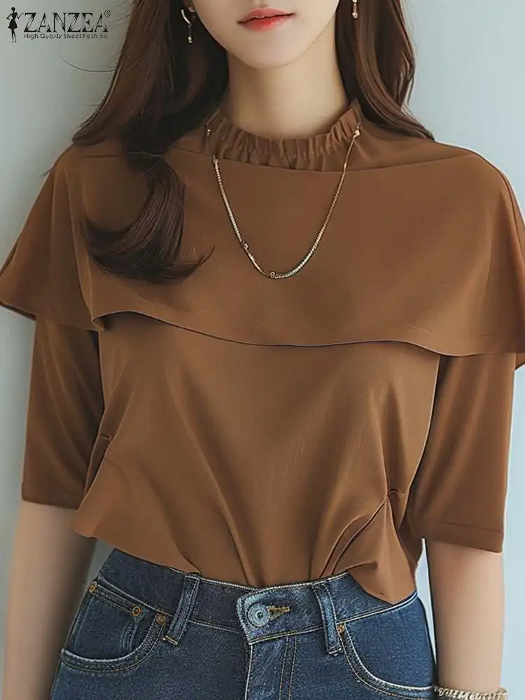 

Блузка ZANZEA из двух частей с оборками в стиле пэчворк, летняя модная блузка с коротким рукавом, повседневный Свободный Топ с круглым вырезом, 2024