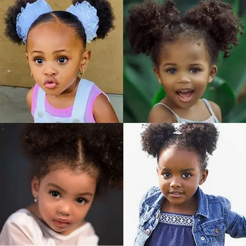 Kids Human hair 4Inch Afro Puff Drawstring Ponytail for Girls Black Women Small Size Hair Bun Kinky Curly Hair bun