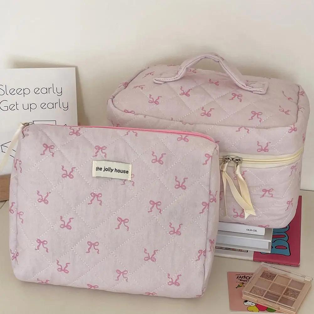Pink Bowknot Quilting Women Cosmetic Bag Portable Zipper Makeup Travel Organizer Female Handbag Toiletry Pouch For Girls 6